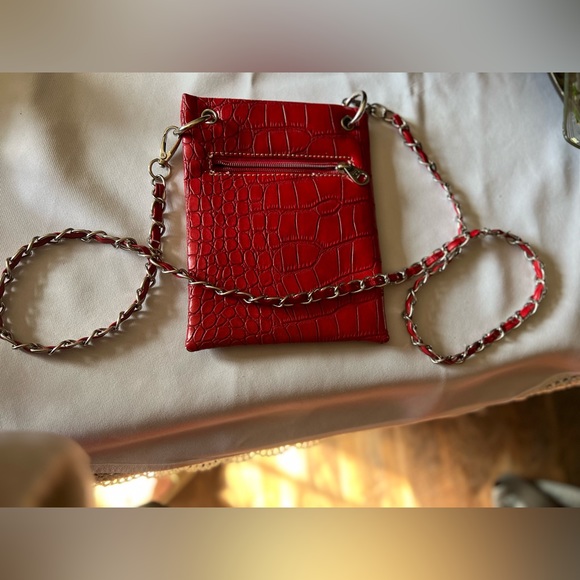 Red with silver hardware crossbody. Cross and angel wings. - Picture 3 of 3